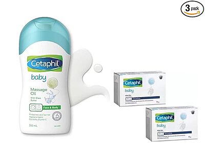 CETAPHIL BABY MASSAGE OIL-200 ML , BABY MILD BAR 75G (PACK OF 2) - COMBO