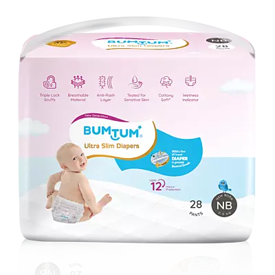 BUMTUM ULTRA SLIM DIAPER PANTS UV PROTECTED NEW BORN 28 COUNT